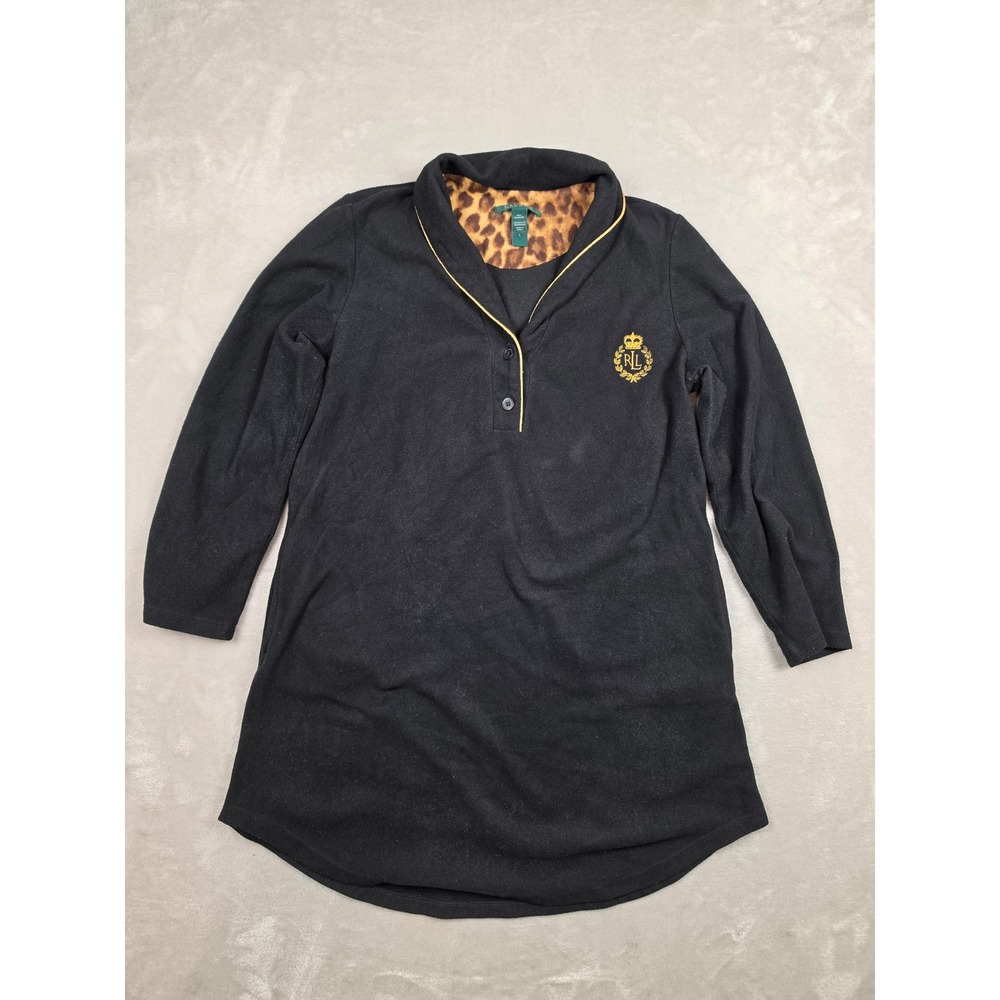 Lauren Ralph Lauren Sleepwear Women L Black Fleece Leopard Crest Nightshirt Read